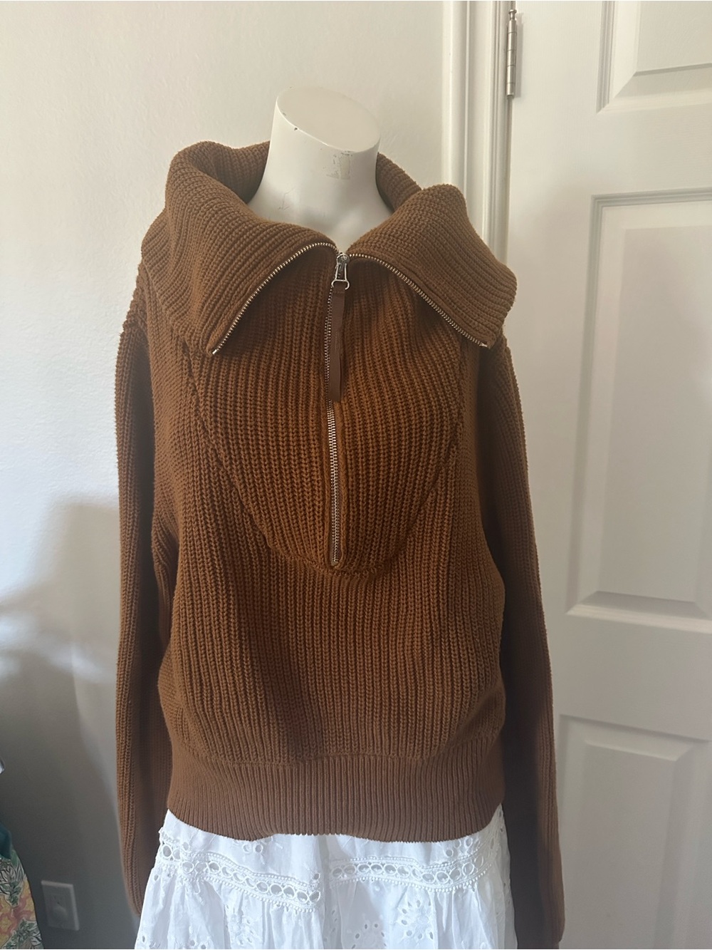 Varley Ribbed Half-Zip Sweater in Chestnut Brown